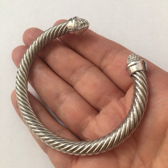 Silver plated twisted rope cz cuff bracelet - Picture 3 of 6